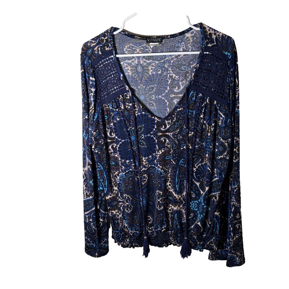 Venus Blouse Women's Large Blue V-Neck Long Sleeve Boho Tassel Top Shirt